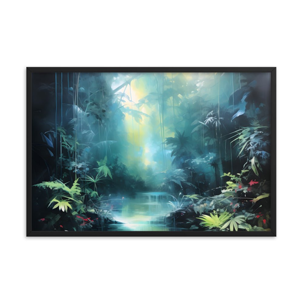 Framed Print Abstract Artwork Dense Misty Jungle And Stream Of Water Truly A Mesmerising Unworldly Scene Oil Painting Style Abstract Art Natural Conversation Starter Framed Poster Nature 24x36"