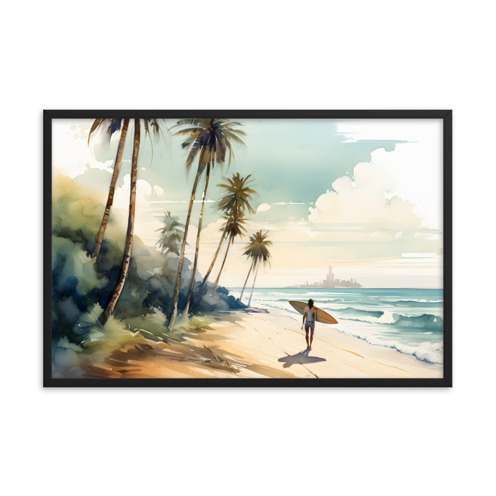 Framed Print Lifestyle/Ocean Side Artwork Dark Sunset Palm Tree Silhouettes Line The Pathway Large Sun Setting In Line With Perspective Moon Lit Star Filled Night Sky Framed Print Artwork 24x36"