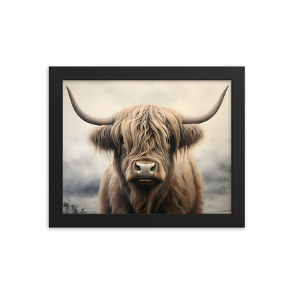 Framed Artwork Strong Stunning Highlander Bull Sunlit Staring Into The Viewer Captivating Painting Style
