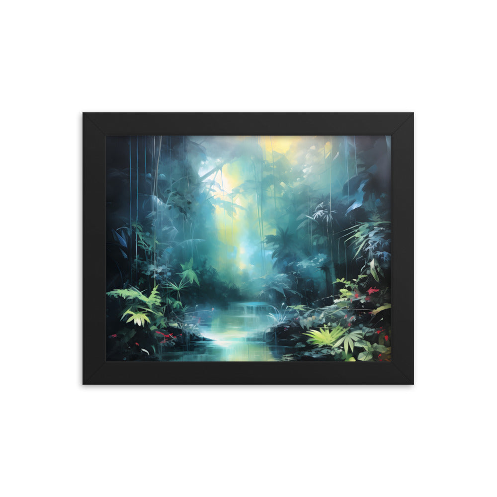 Framed Print Abstract Artwork Dense Misty Jungle And Stream Of Water Truly A Mesmerising Unworldly Scene Oil Painting Style Abstract Art Natural Conversation Starter Framed Poster Nature 8x10"