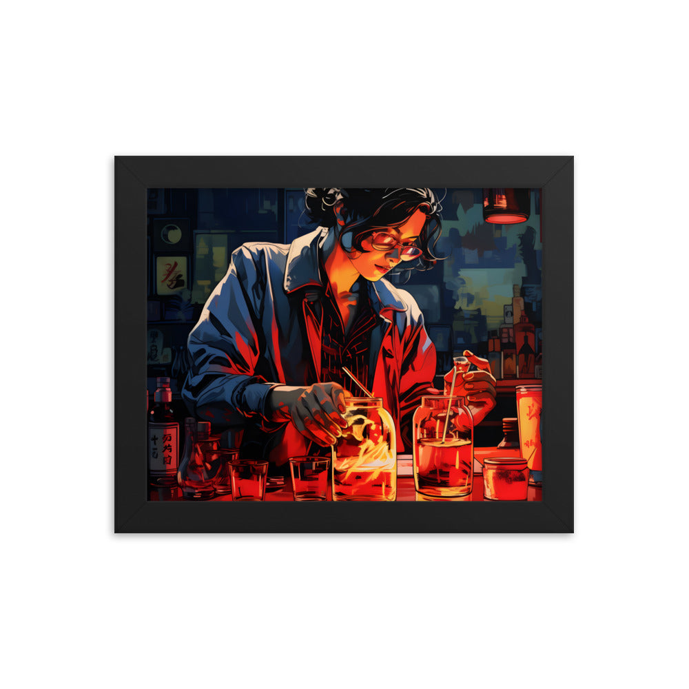 Framed Artwork Bar/Night Life Art Framed Painting Alcohol Art Bartender Fixing Drinks In A Vibrant Bar