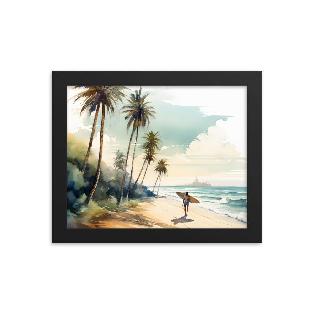 Framed Print Artwork Beach Ocean Surfing Art Surfer On Beach Holding Surfboard And Palm Tree Silhouettes Water Color Style City In The Distant Background Hindered By Sea Mist Impressive Beach Scene Framed Print Artwork Lifestyle 8x10"