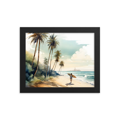 Framed Print Artwork Beach Ocean Surfing Art Surfer On Beach Holding Surfboard And Palm Tree Silhouettes Water Color Style City In The Distant Background Hindered By Sea Mist Impressive Beach Scene Framed Print Artwork Lifestyle 8x10"